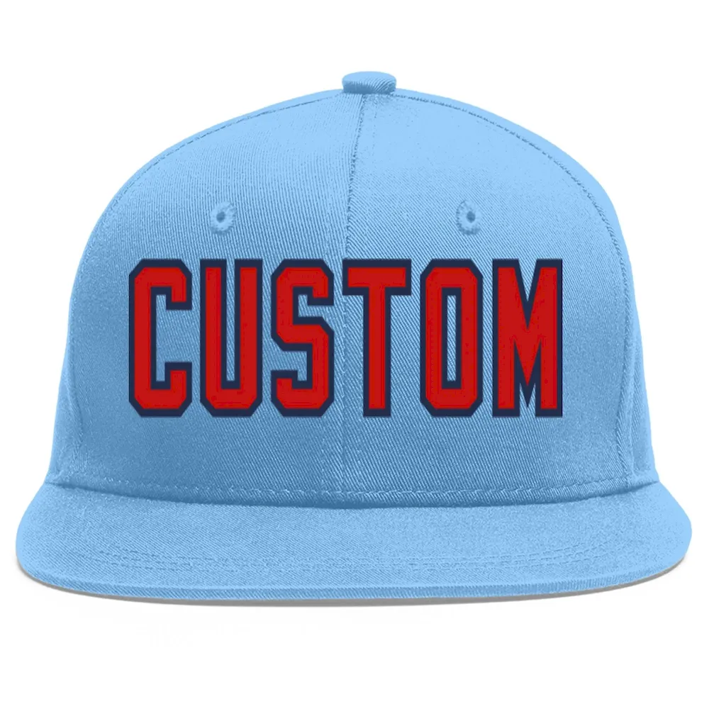 Custom Light Blue Red-Navy Flat Eaves Sport Baseball Cap