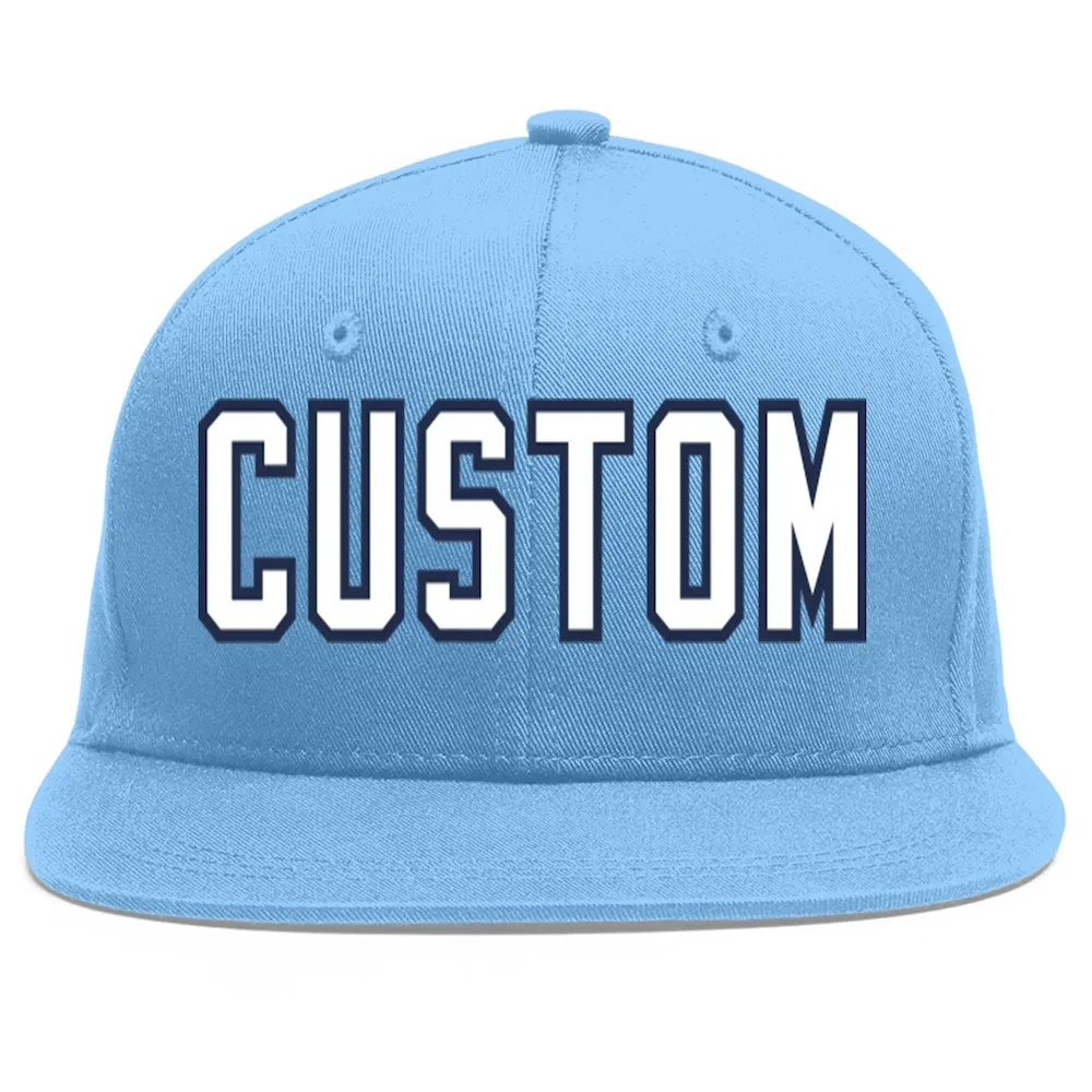 Custom Light Blue White-Navy Flat Eaves Sport Baseball Cap