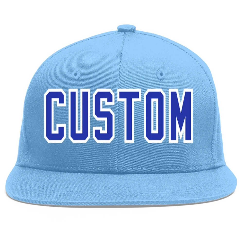 Custom Light Blue White-Royal Flat Eaves Sport Baseball Cap