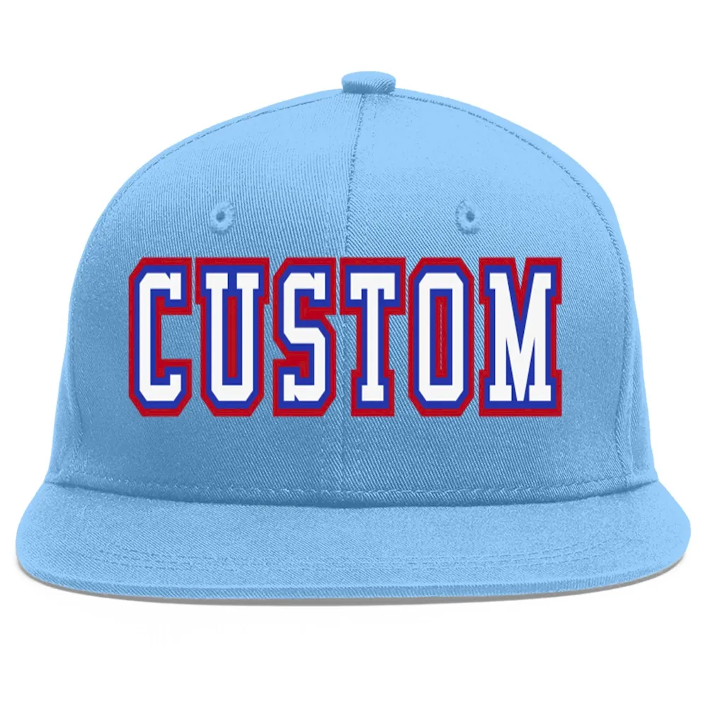 Custom Light Blue White-Royal Flat Eaves Sport Baseball Cap