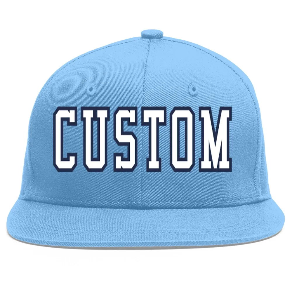 Custom Light Blue White-Navy Flat Eaves Sport Baseball Cap