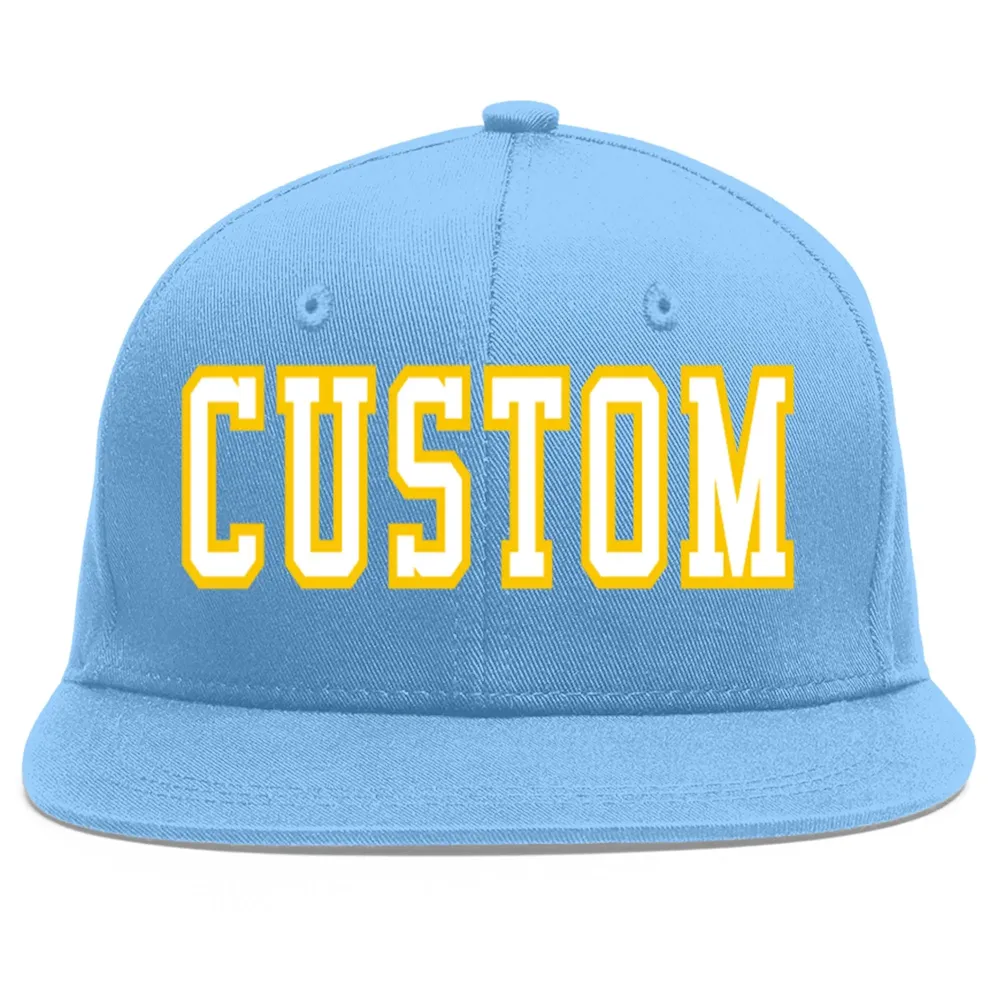 Custom Light Blue White-Gold Flat Eaves Sport Baseball Cap