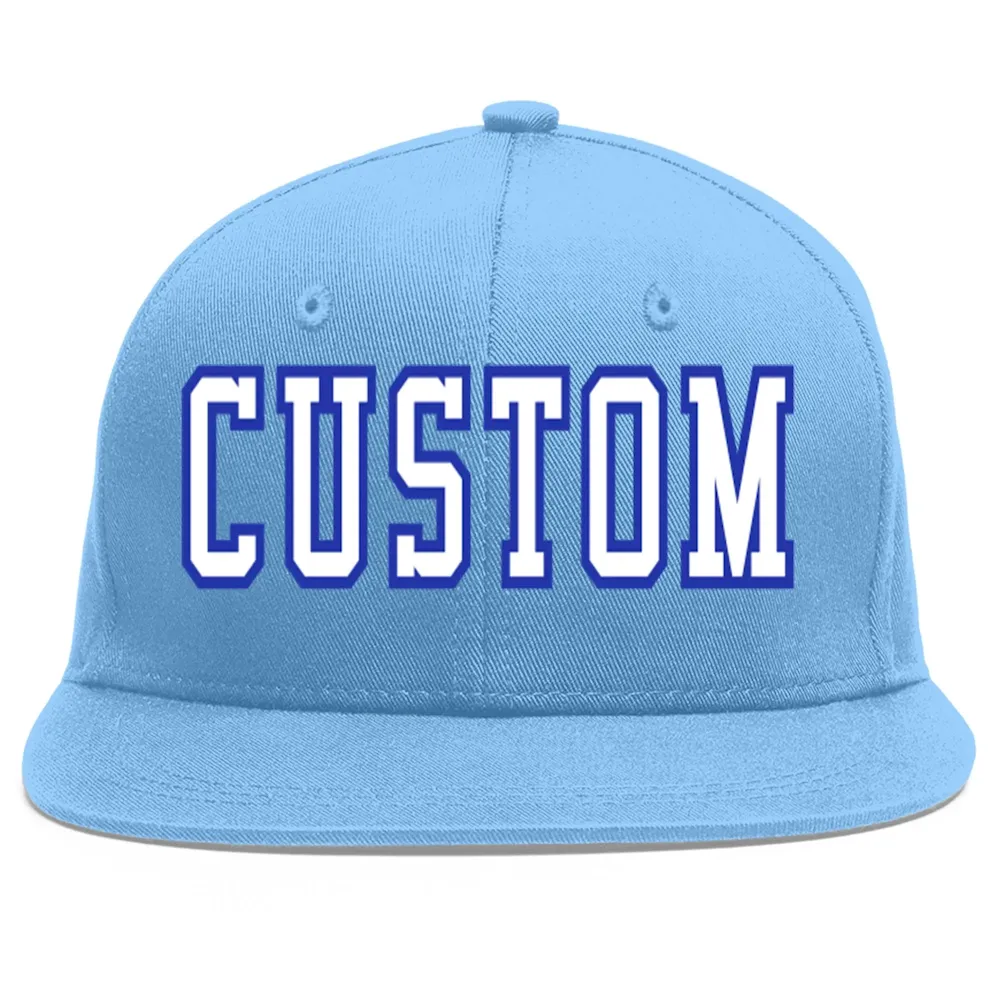 Custom Light Blue White-Royal Flat Eaves Sport Baseball Cap