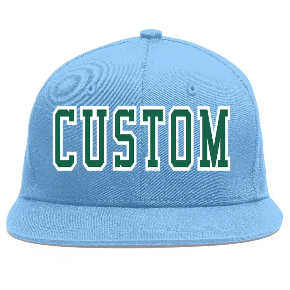 Custom Light Blue Kelly Green-White Flat Eaves Sport Baseball Cap