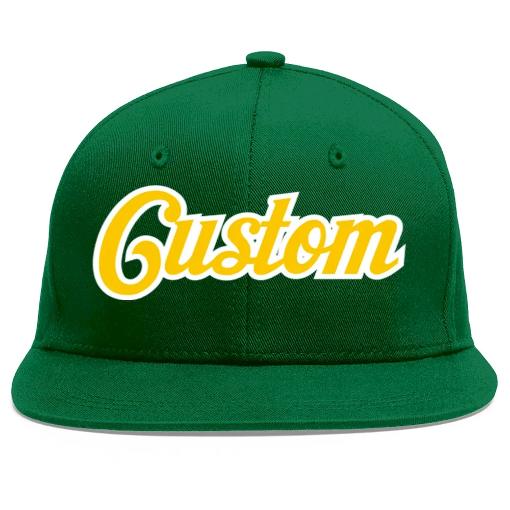 Custom Green Gold-White Flat Eaves Sport Baseball Cap