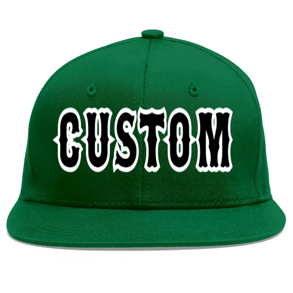 Custom Green Black-White Flat Eaves Sport Baseball Cap