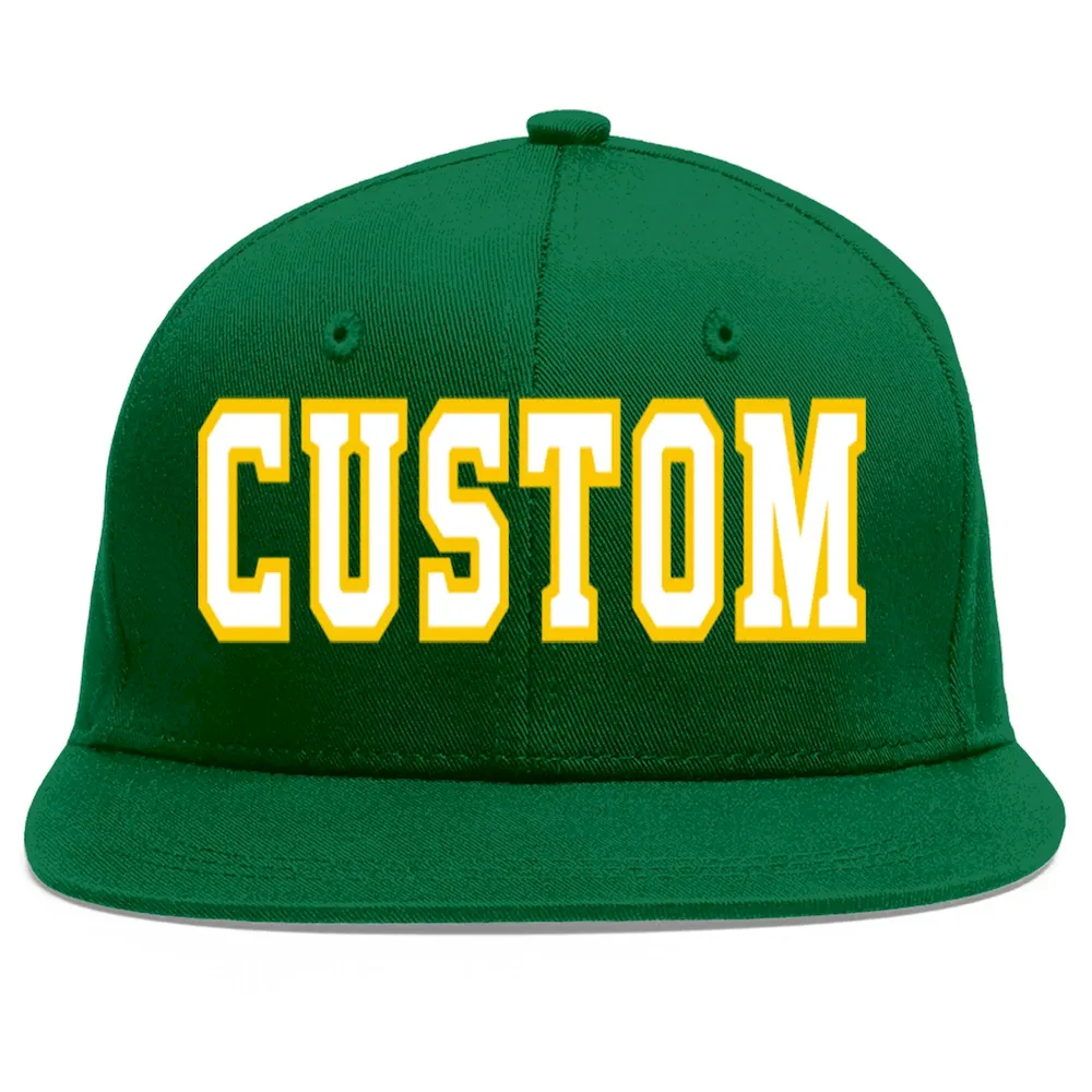 Custom Green White-Gold Flat Eaves Sport Baseball Cap