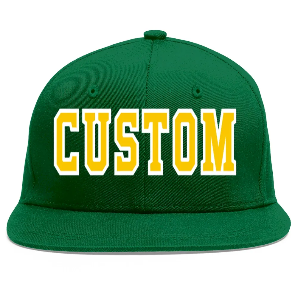Custom Green Gold-White Flat Eaves Sport Baseball Cap