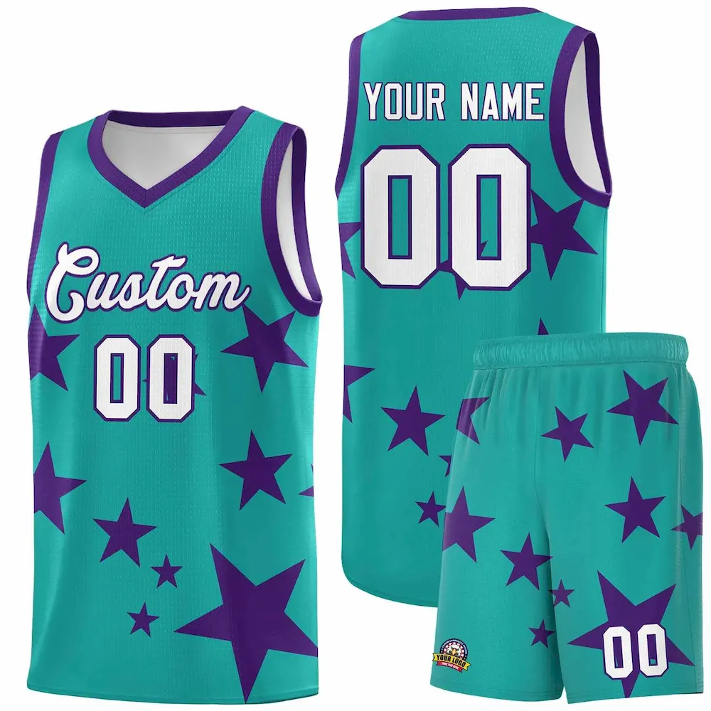 Custom Purple Aqua Graffiti Pattern Star Print Basketball Jersey Sets