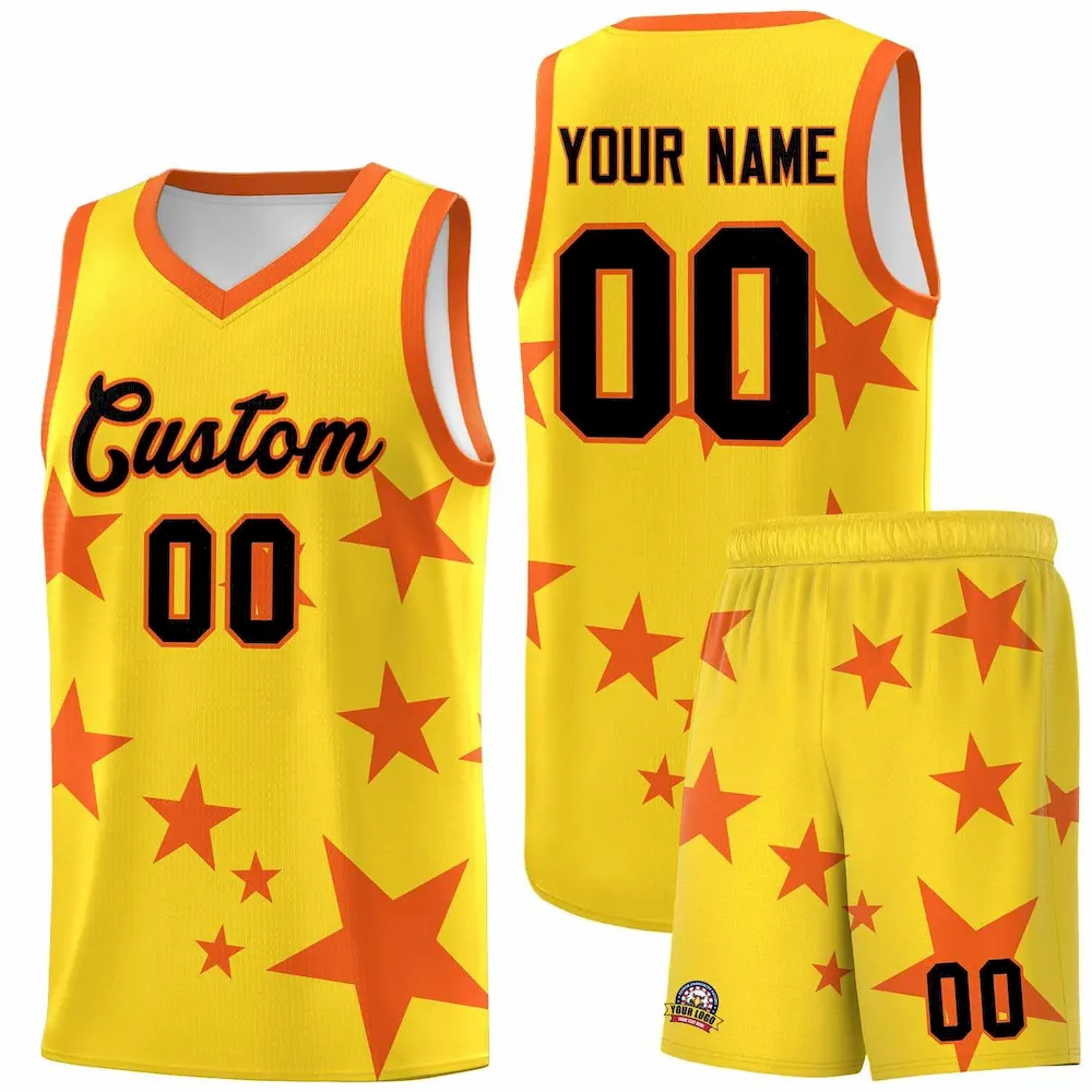 Custom Gold Orange Graffiti Pattern Star Print Basketball Jersey Sets