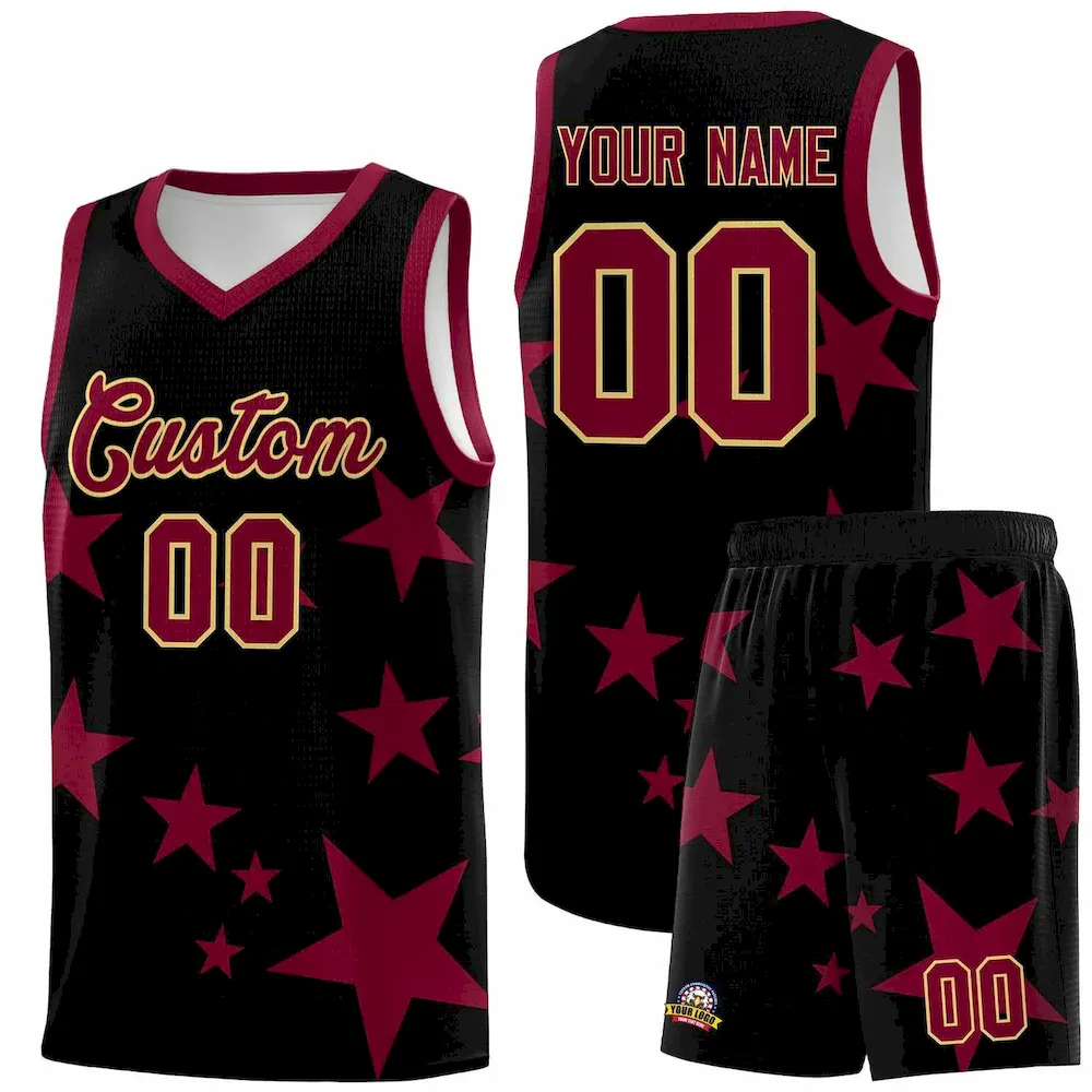 Custom Black Crimson Graffiti Pattern Star Print Basketball Jersey Sets