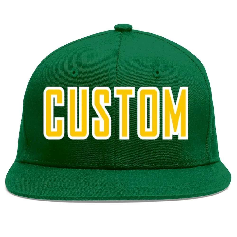 Custom Green Gold-White Flat Eaves Sport Baseball Cap