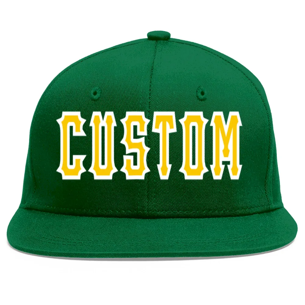 Custom Green Gold-White Flat Eaves Sport Baseball Cap
