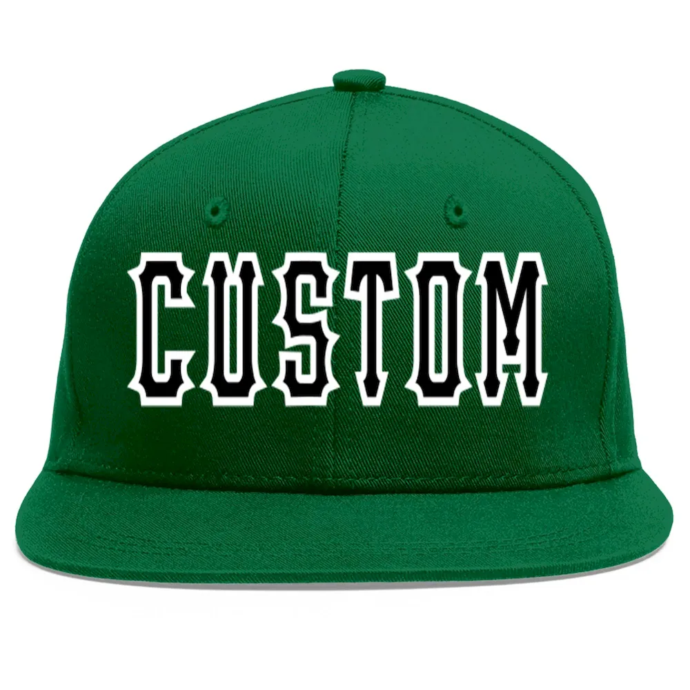 Custom Green Black-White Flat Eaves Sport Baseball Cap