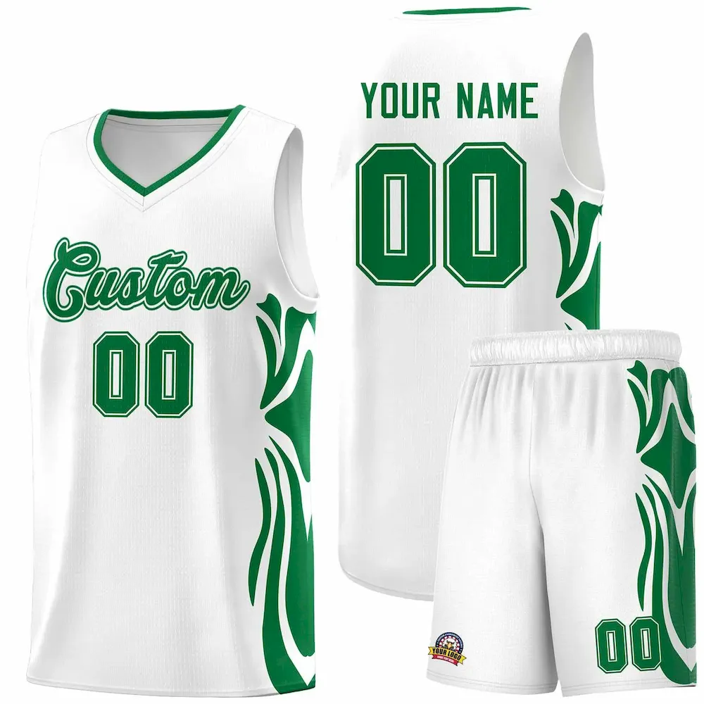 Custom Kelly Green White-White Graffiti Pattern Side Curve Pattern Sports Uniform Basketball Jersey Sets