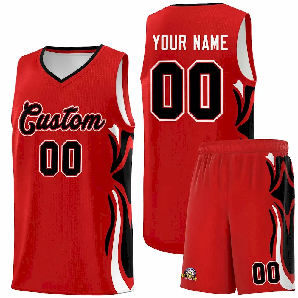 Custom Red Black-White Graffiti Pattern Side Curve Pattern Sports Uniform Basketball Jersey Sets