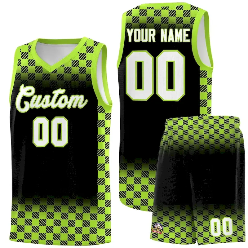 Custom Black Neon Green Classic Plaid Pattern Sports Uniform Basketball Jersey