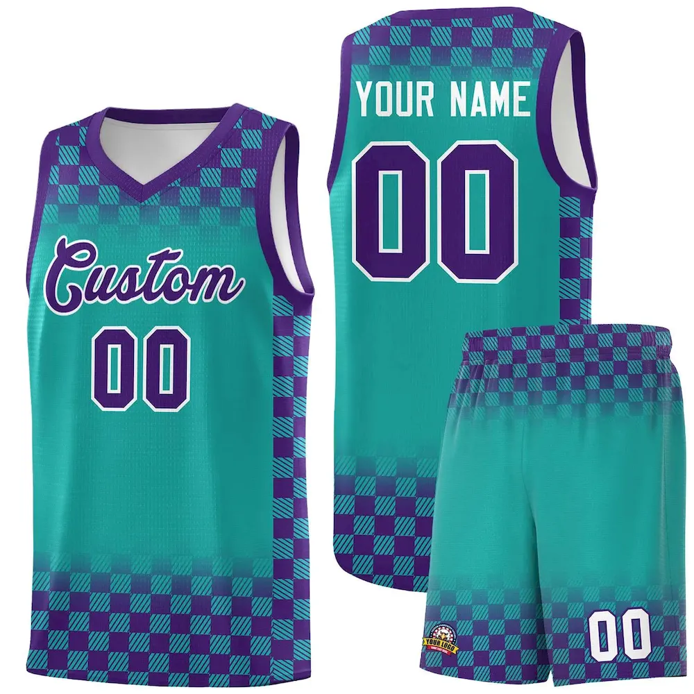 Custom Purple Aqua Classic Plaid Pattern Sports Uniform Basketball Jersey