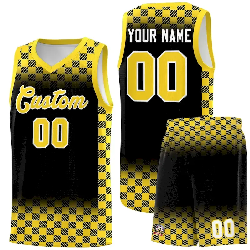 Custom Black Gold Classic Plaid Pattern Sports Uniform Basketball Jersey