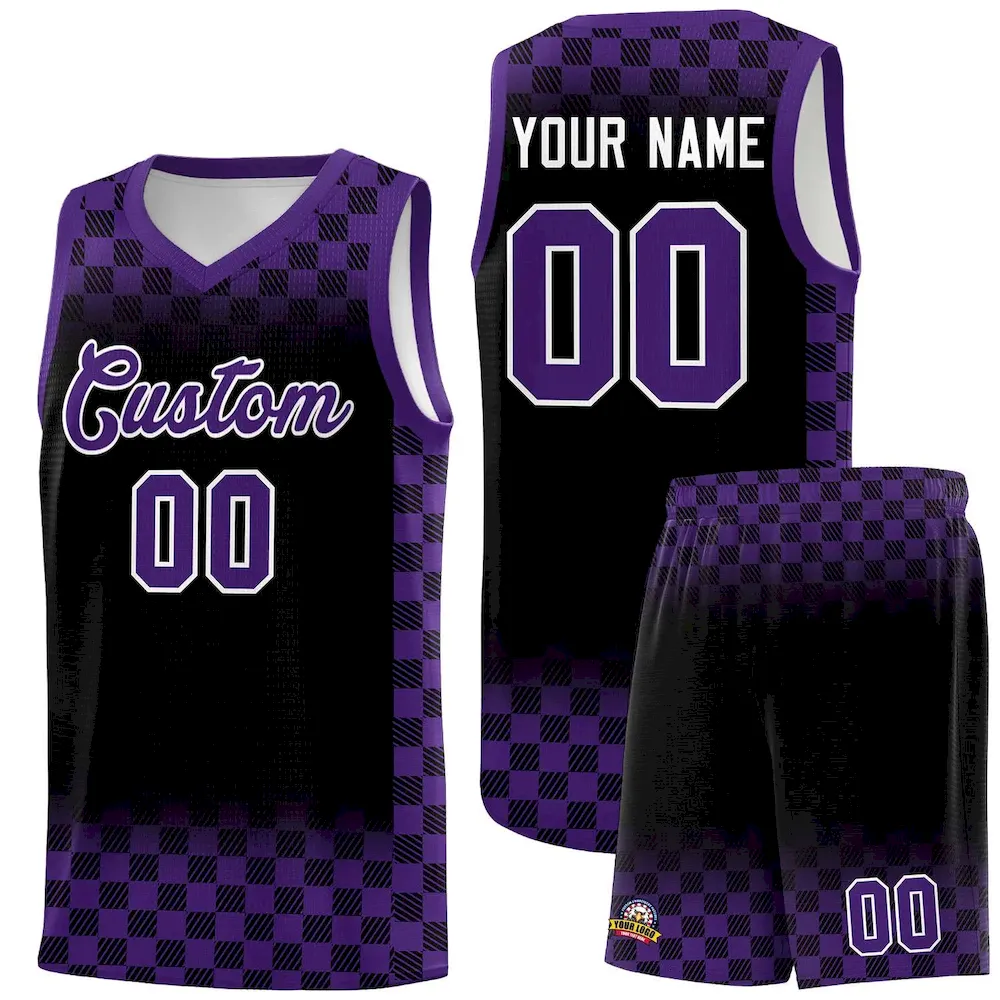 Custom Purple Black Classic Plaid Pattern Sports Uniform Basketball Jersey