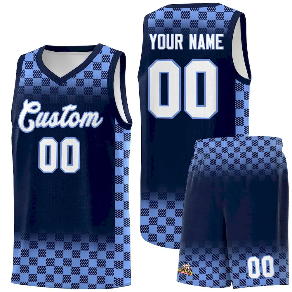 Custom Navy Light Blue Classic Plaid Pattern Sports Uniform Basketball Jersey