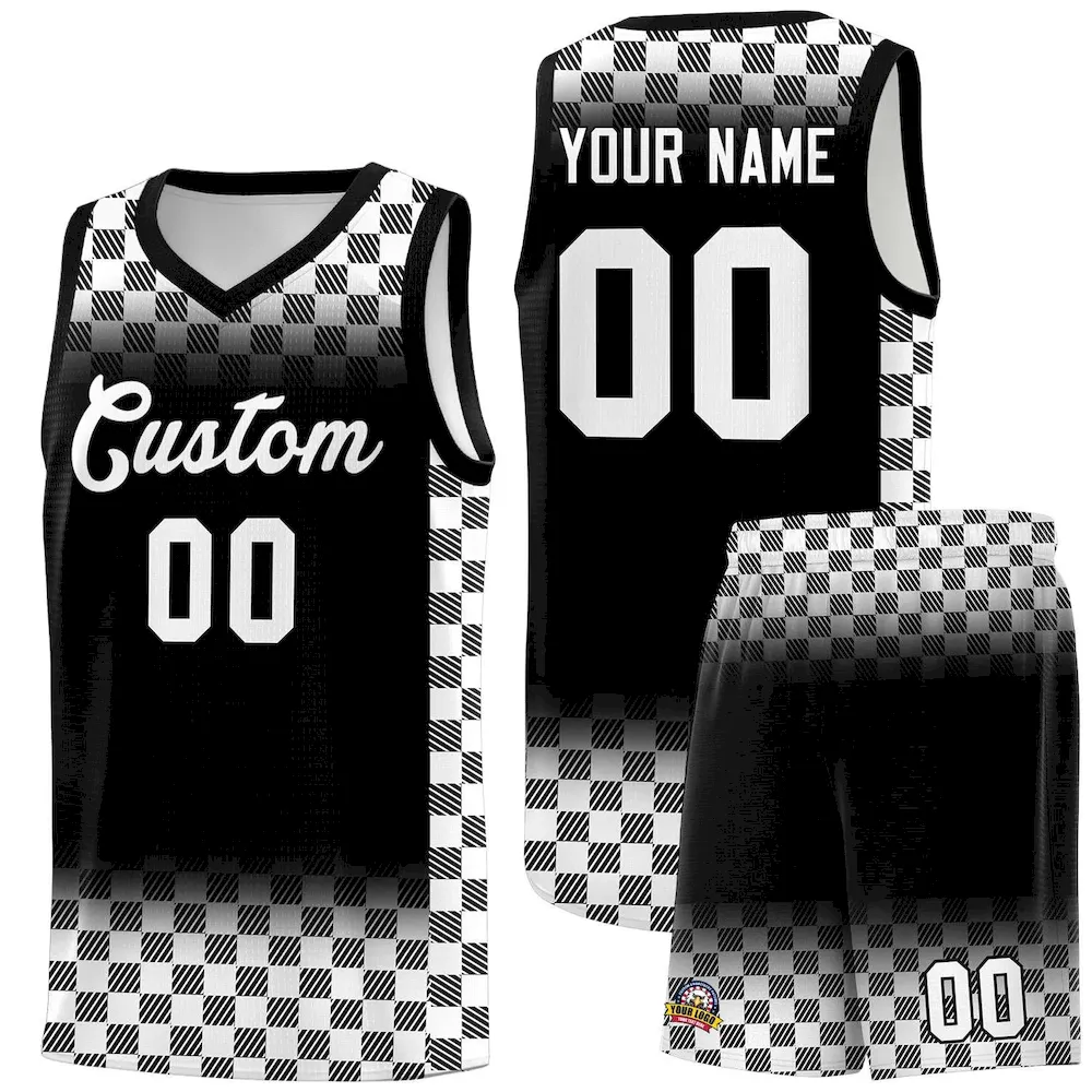 Custom Black White Classic Plaid Pattern Sports Uniform Basketball Jersey