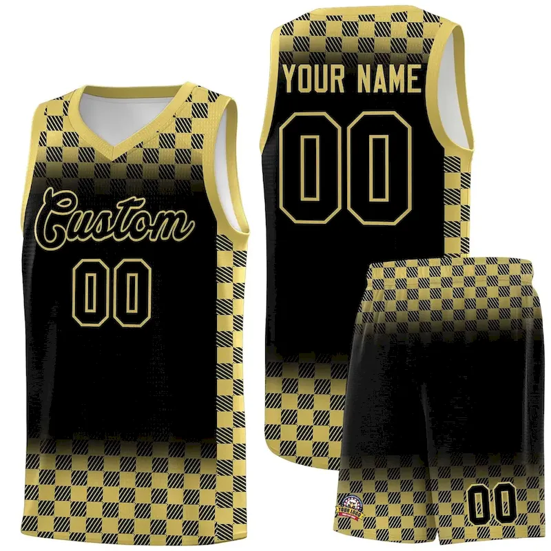 Custom Black Old Gold Classic Plaid Pattern Sports Uniform Basketball Jersey