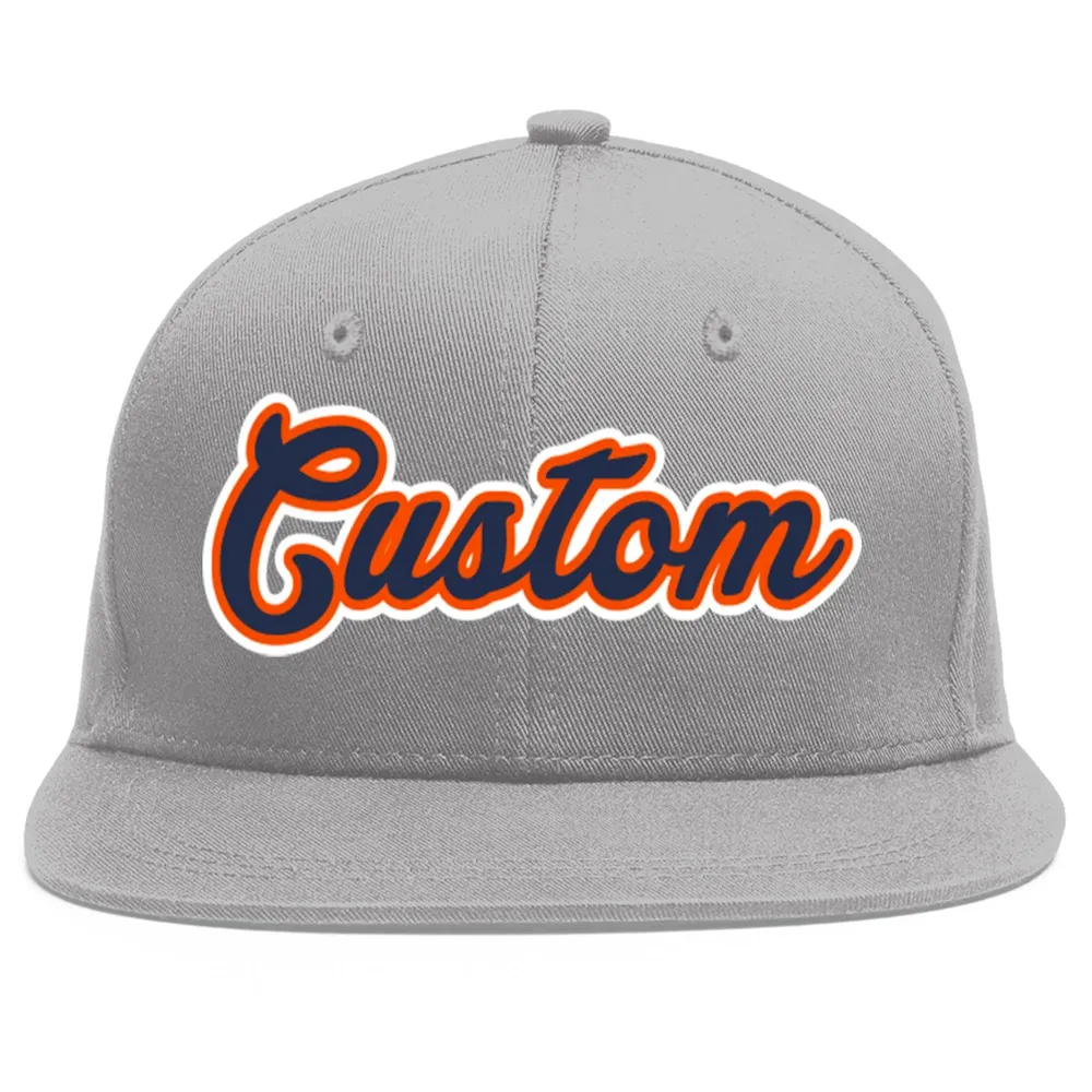 Custom Gray Navy-Orange Flat Eaves Sport Baseball Cap