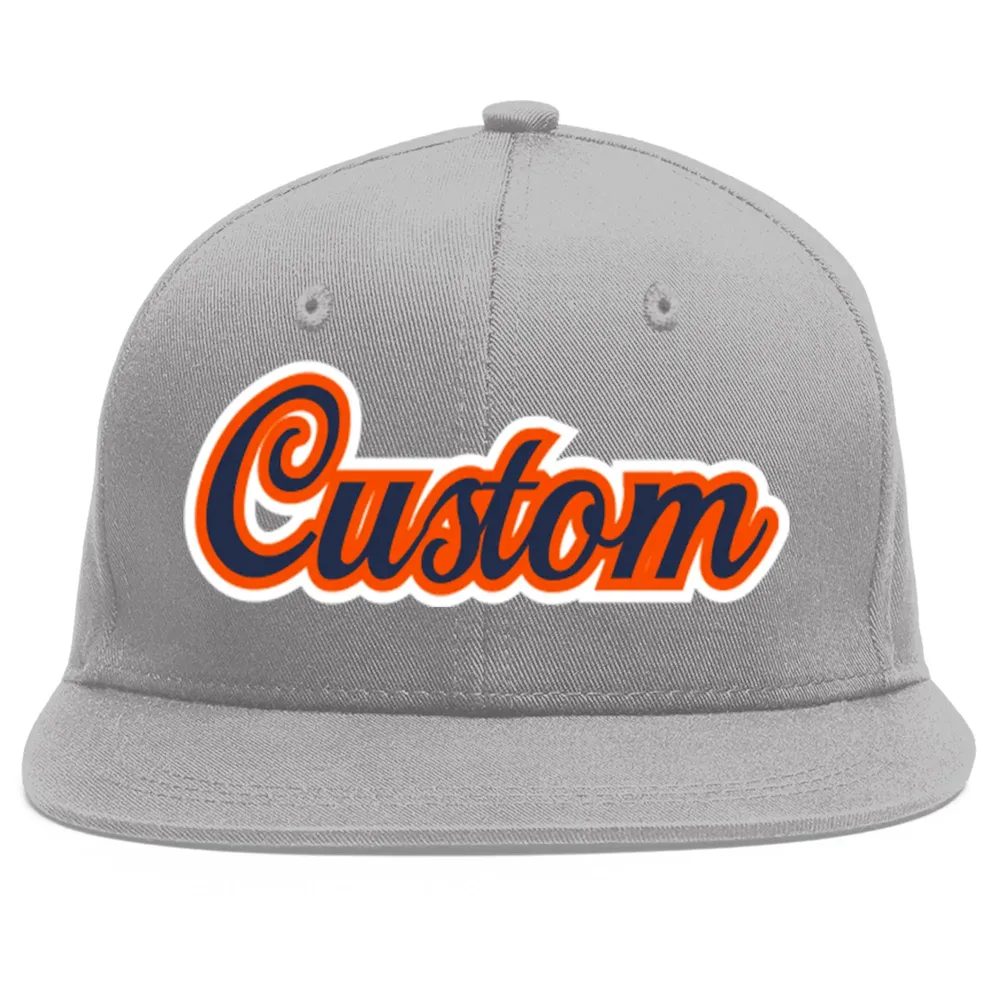 Custom Gray Navy-Orange Flat Eaves Sport Baseball Cap