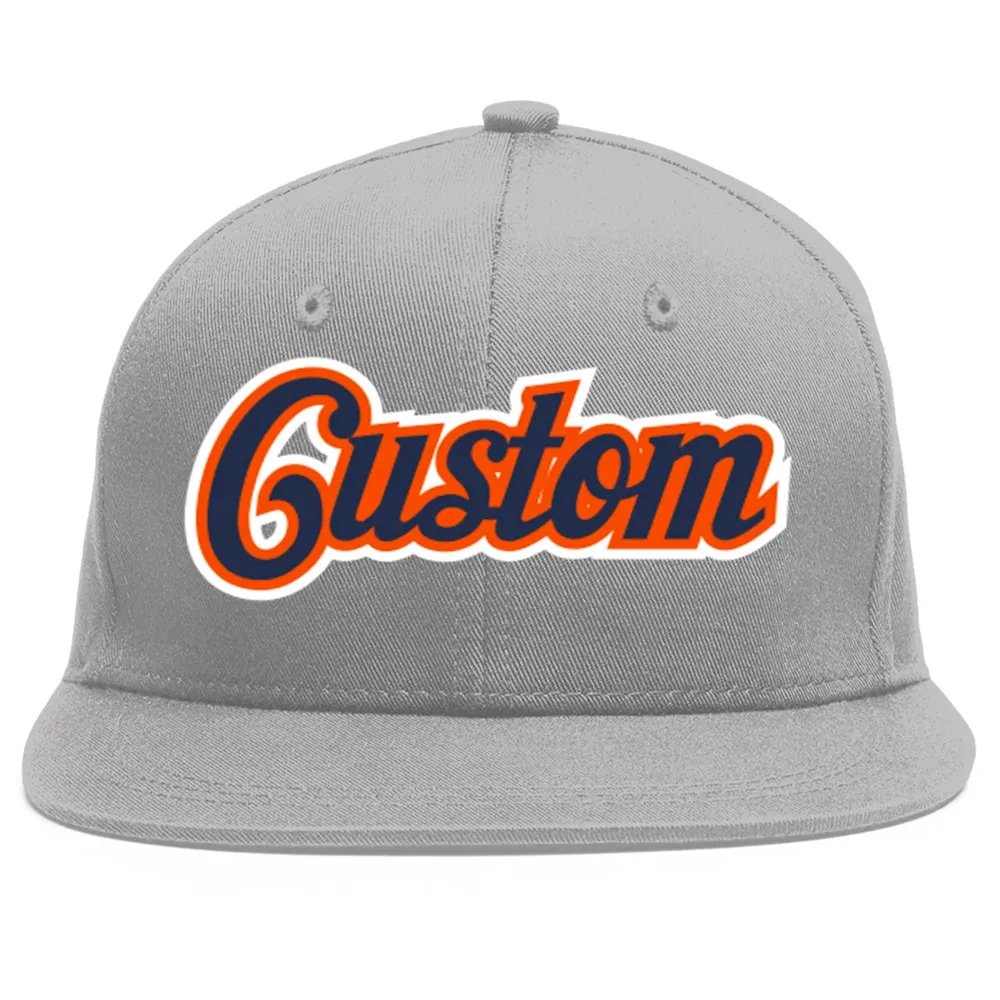 Custom Gray Navy-Orange Flat Eaves Sport Baseball Cap