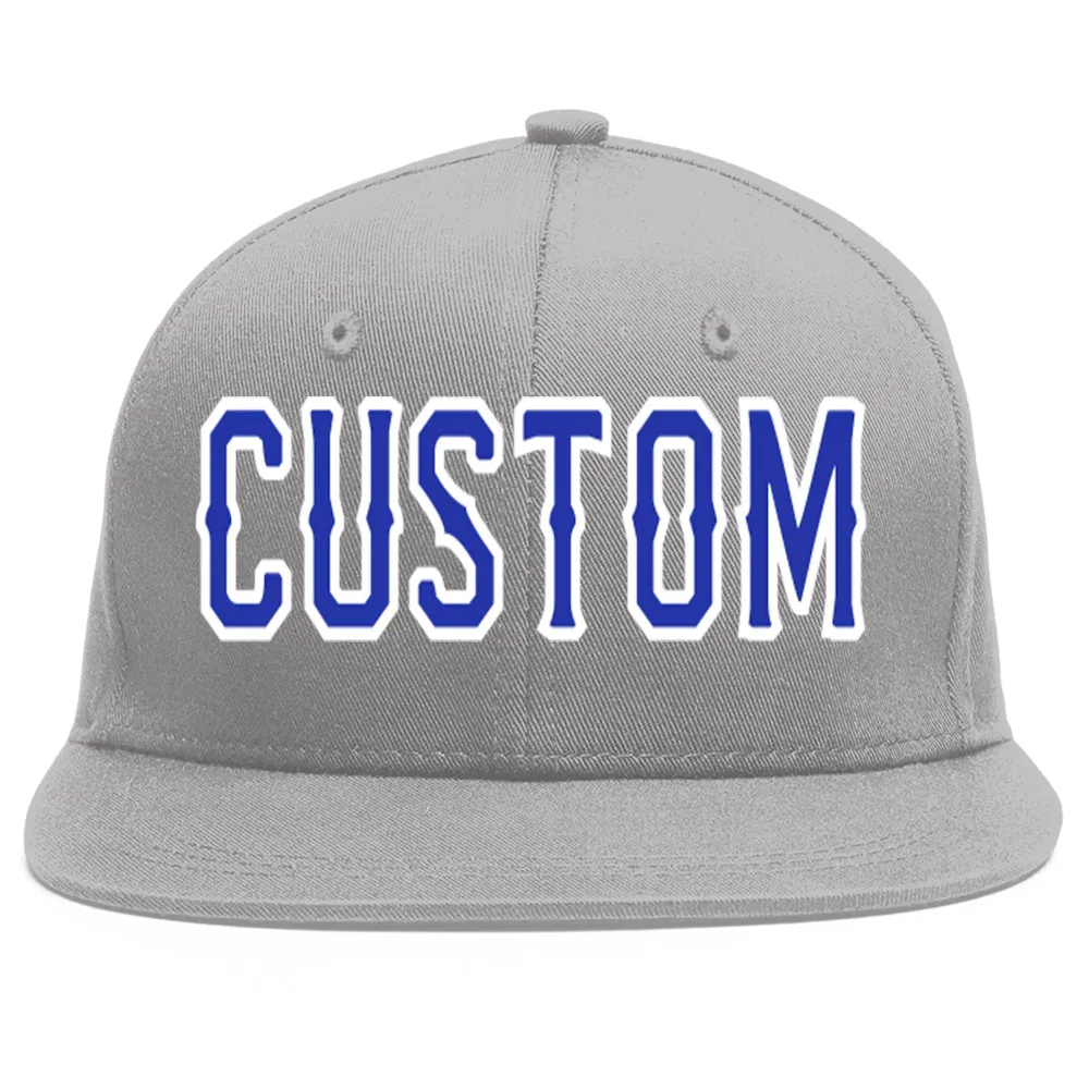 Custom Gray Royal-White Flat Eaves Sport Baseball Cap