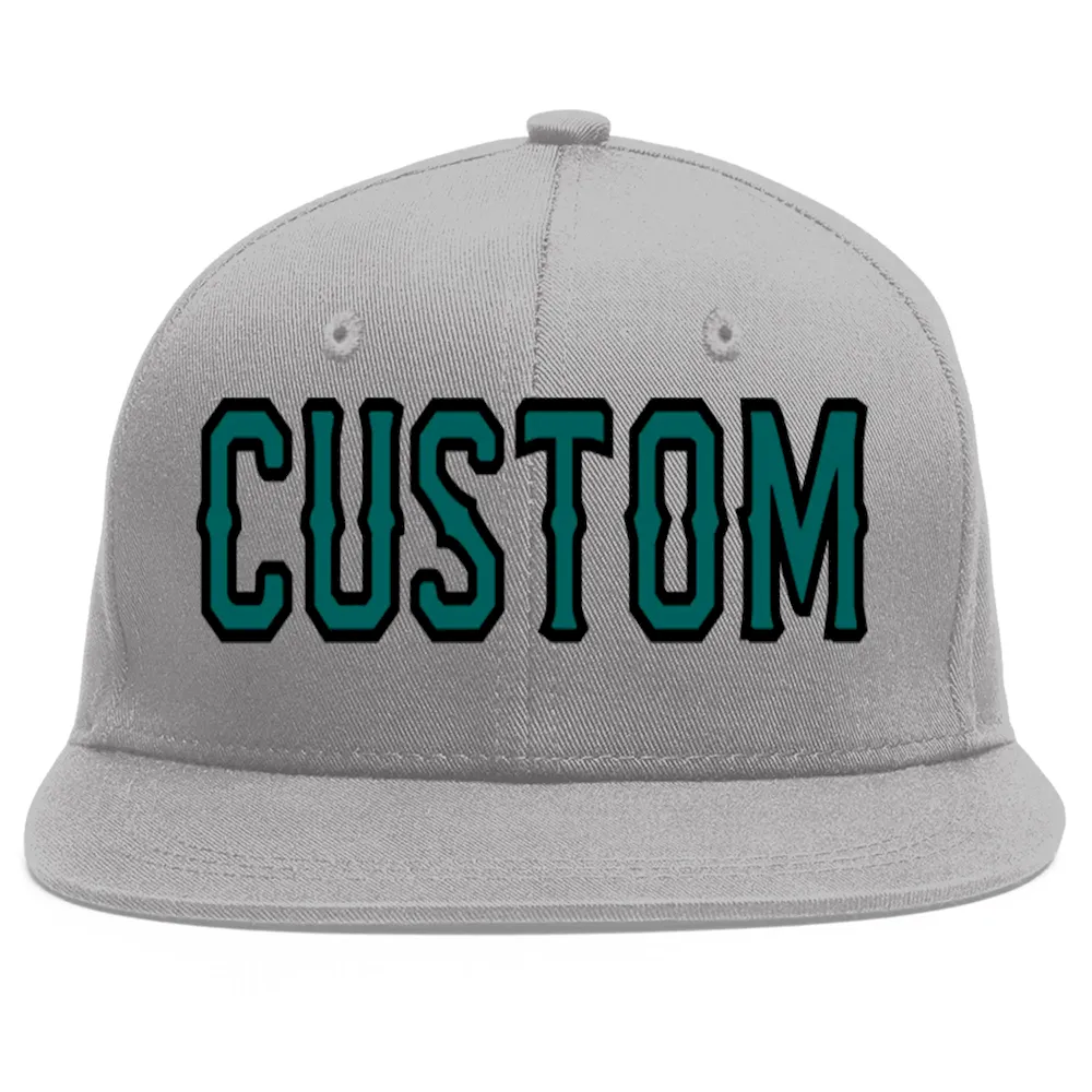 Custom Gray Aqua-Black Flat Eaves Sport Baseball Cap