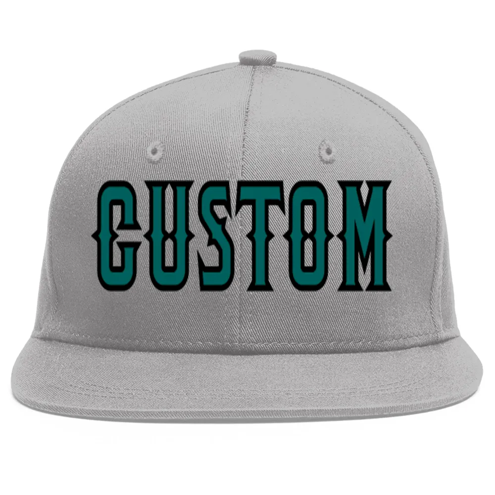 Custom Gray Aqua-Black Flat Eaves Sport Baseball Cap