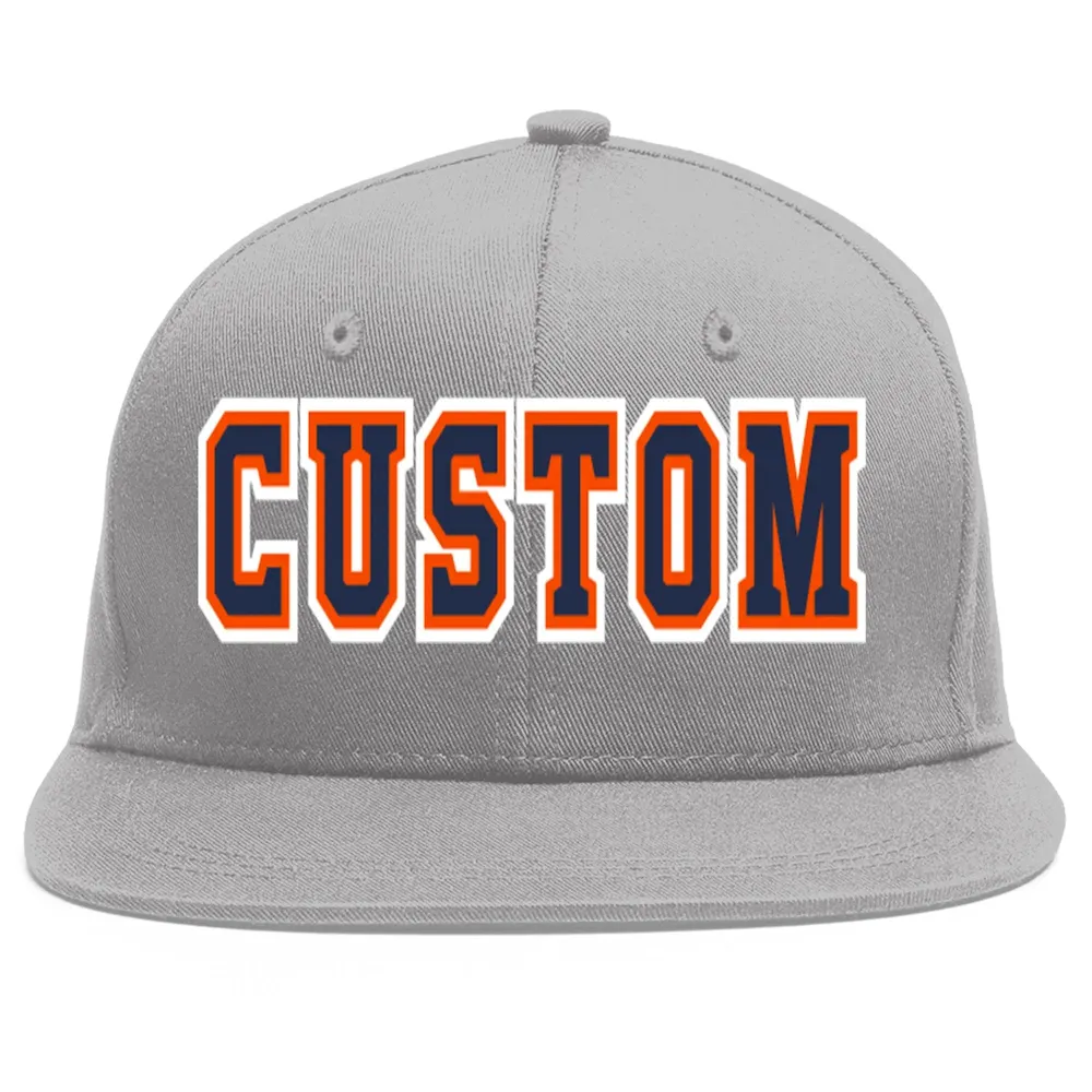 Custom Gray Navy-Orange Flat Eaves Sport Baseball Cap
