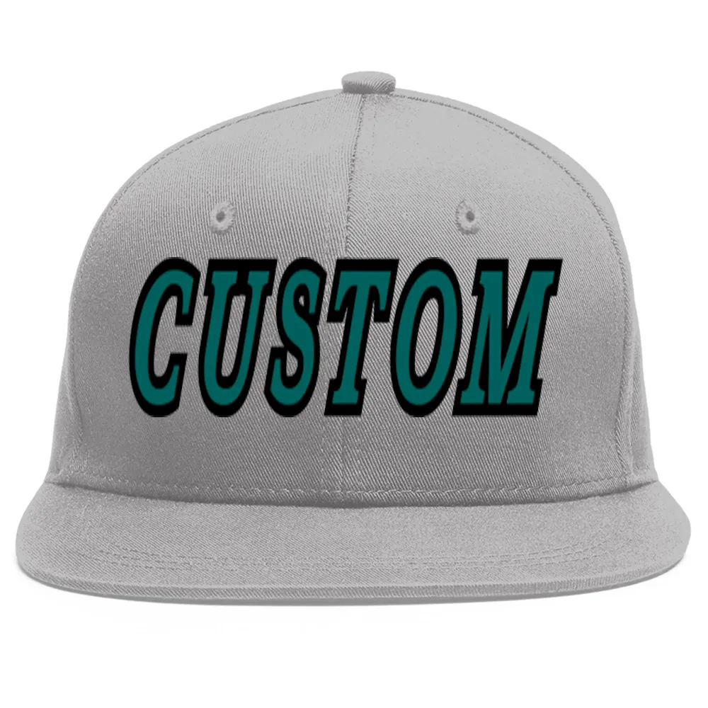 Custom Gray Aqua-Black Flat Eaves Sport Baseball Cap