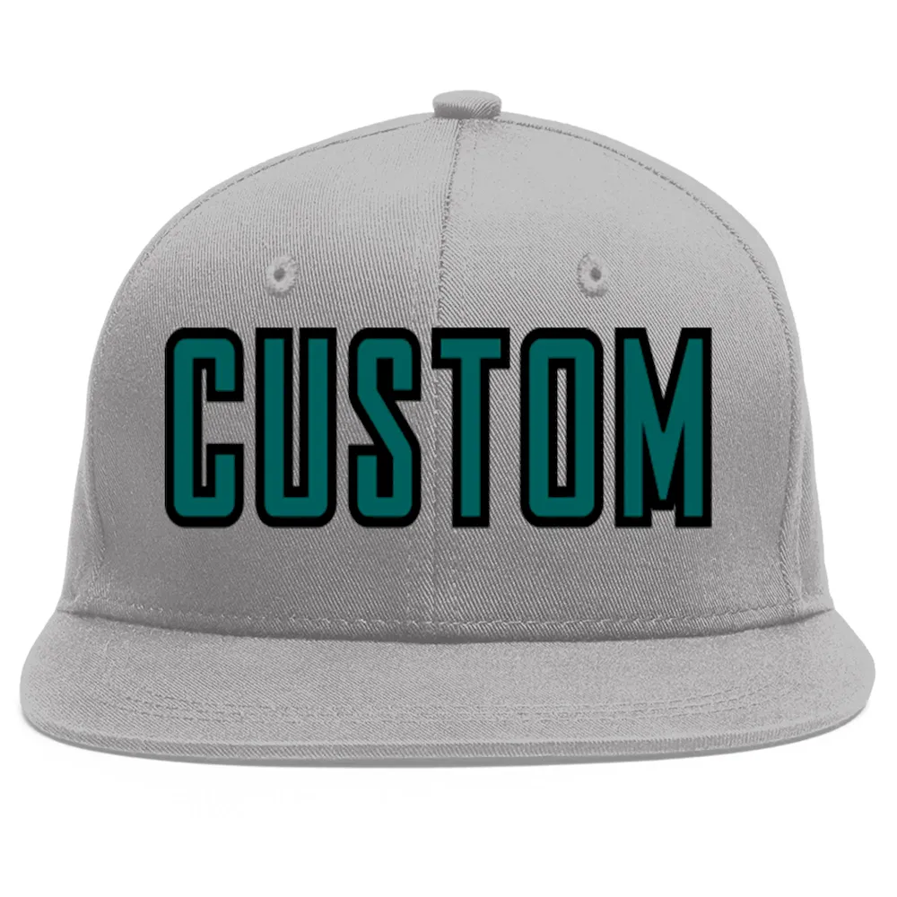 Custom Gray Aqua-Black Flat Eaves Sport Baseball Cap