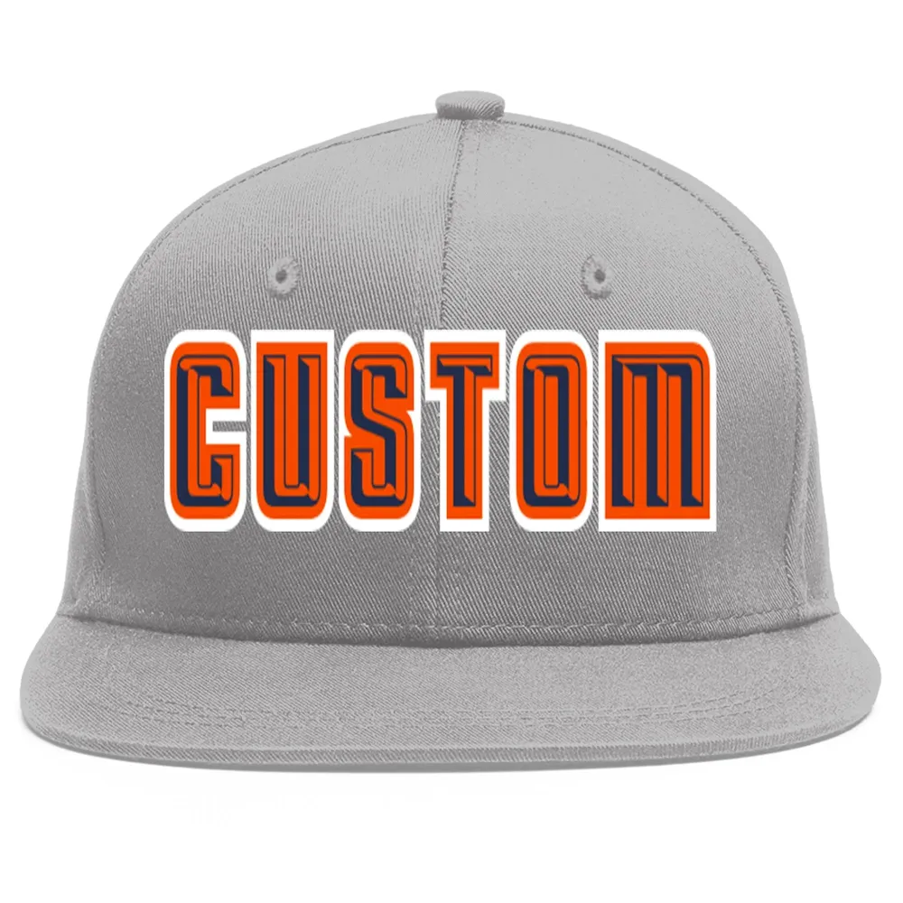 Custom Gray Navy-Orange Flat Eaves Sport Baseball Cap