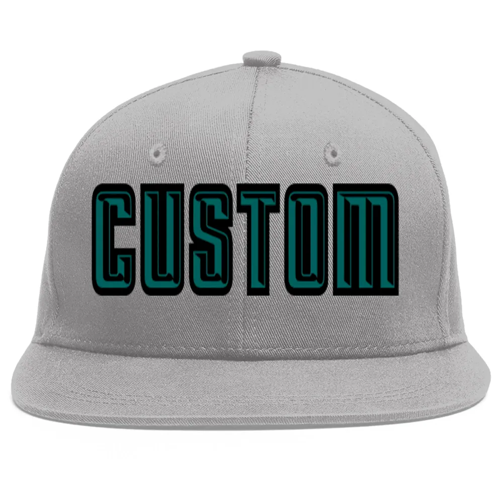 Custom Gray Aqua-Black Flat Eaves Sport Baseball Cap