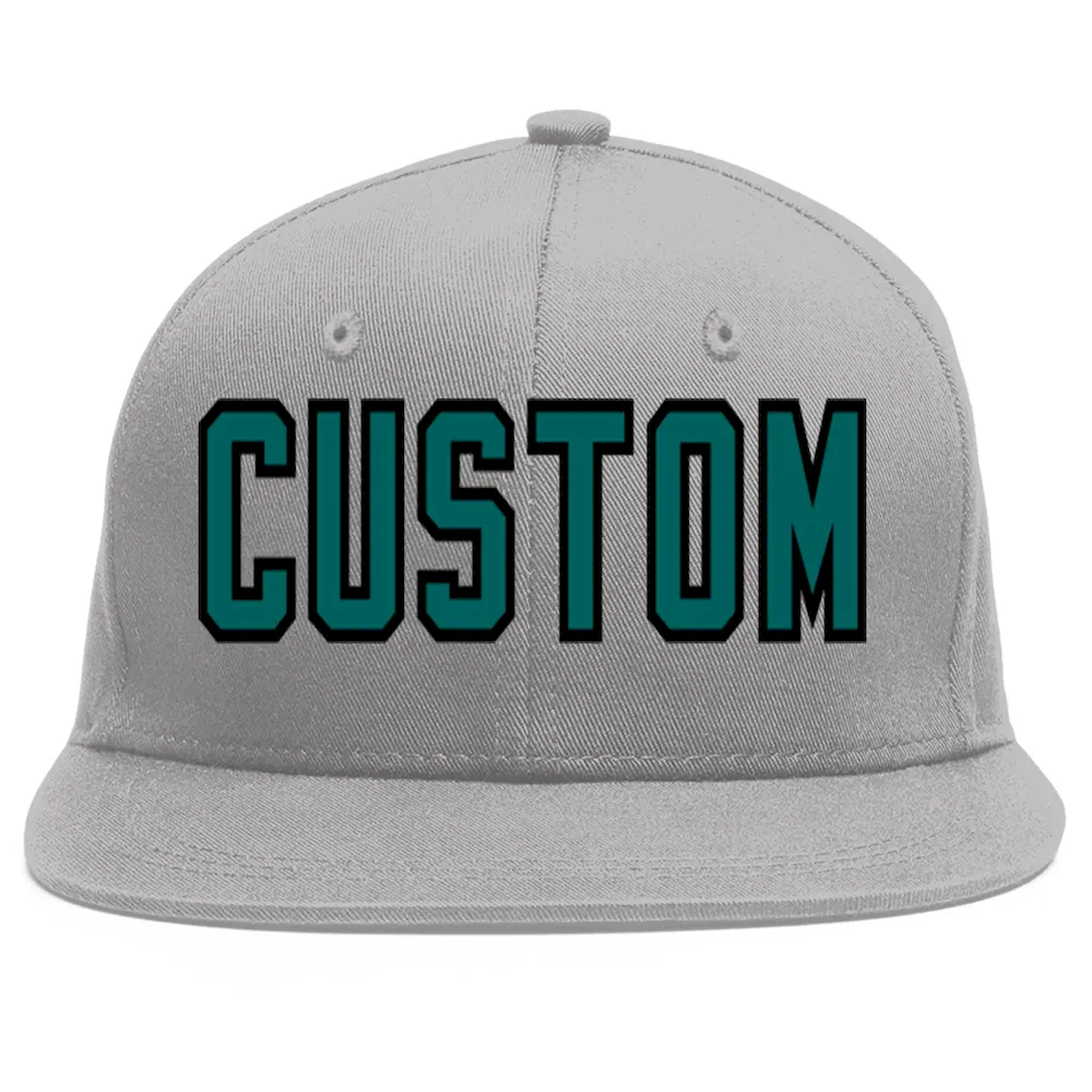 Custom Gray Aqua-Black Flat Eaves Sport Baseball Cap