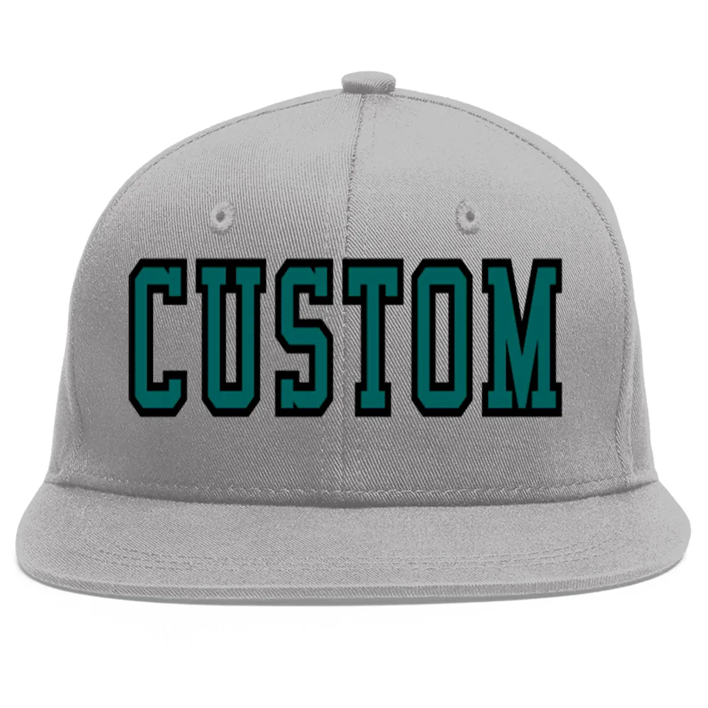 Custom Gray Aqua-Black Flat Eaves Sport Baseball Cap