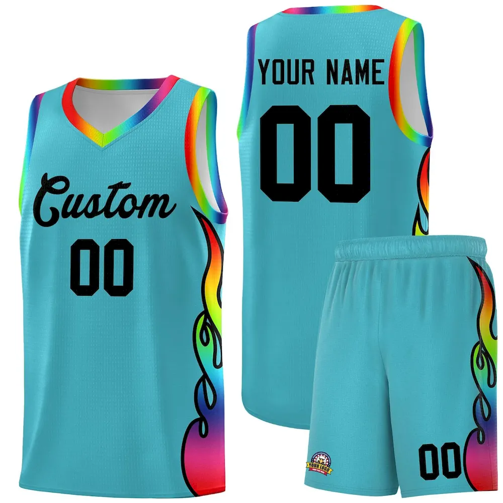 Custom Sky Blue Side Flame Pattern Fashion Sports Uniform Basketball Jersey