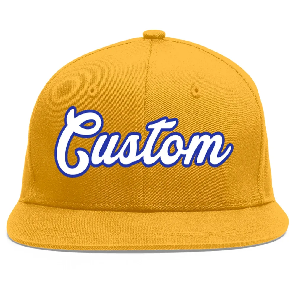 Custom Gold White-Royal Flat Eaves Sport Baseball Cap