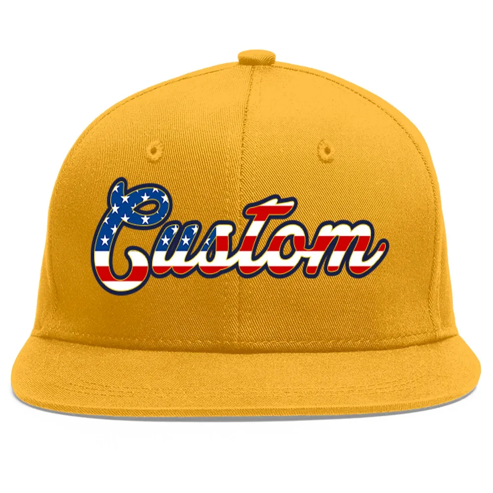 Custom Gold Vintage USA Flag-Gold Flat Eaves Sport Baseball Cap