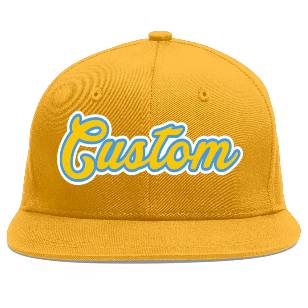 Custom Gold Gold-Powder Blue Flat Eaves Sport Baseball Cap