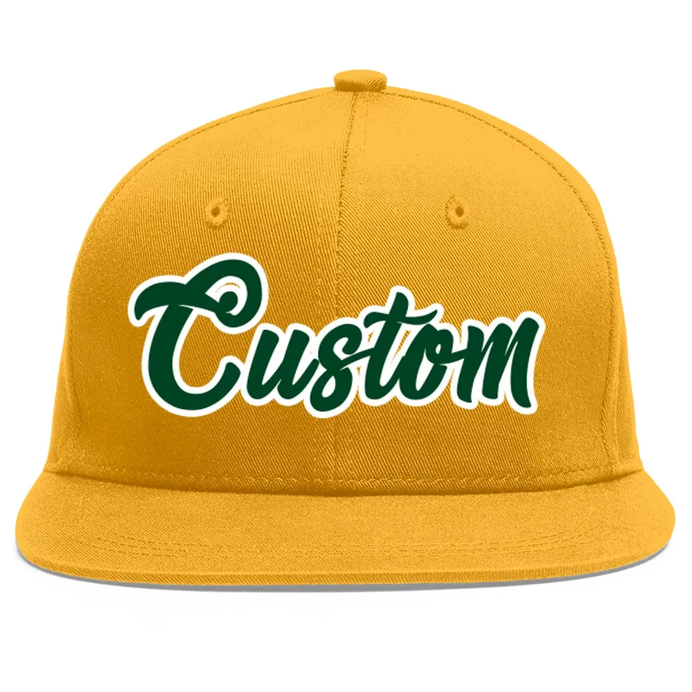 Custom Gold Green-White Flat Eaves Sport Baseball Cap