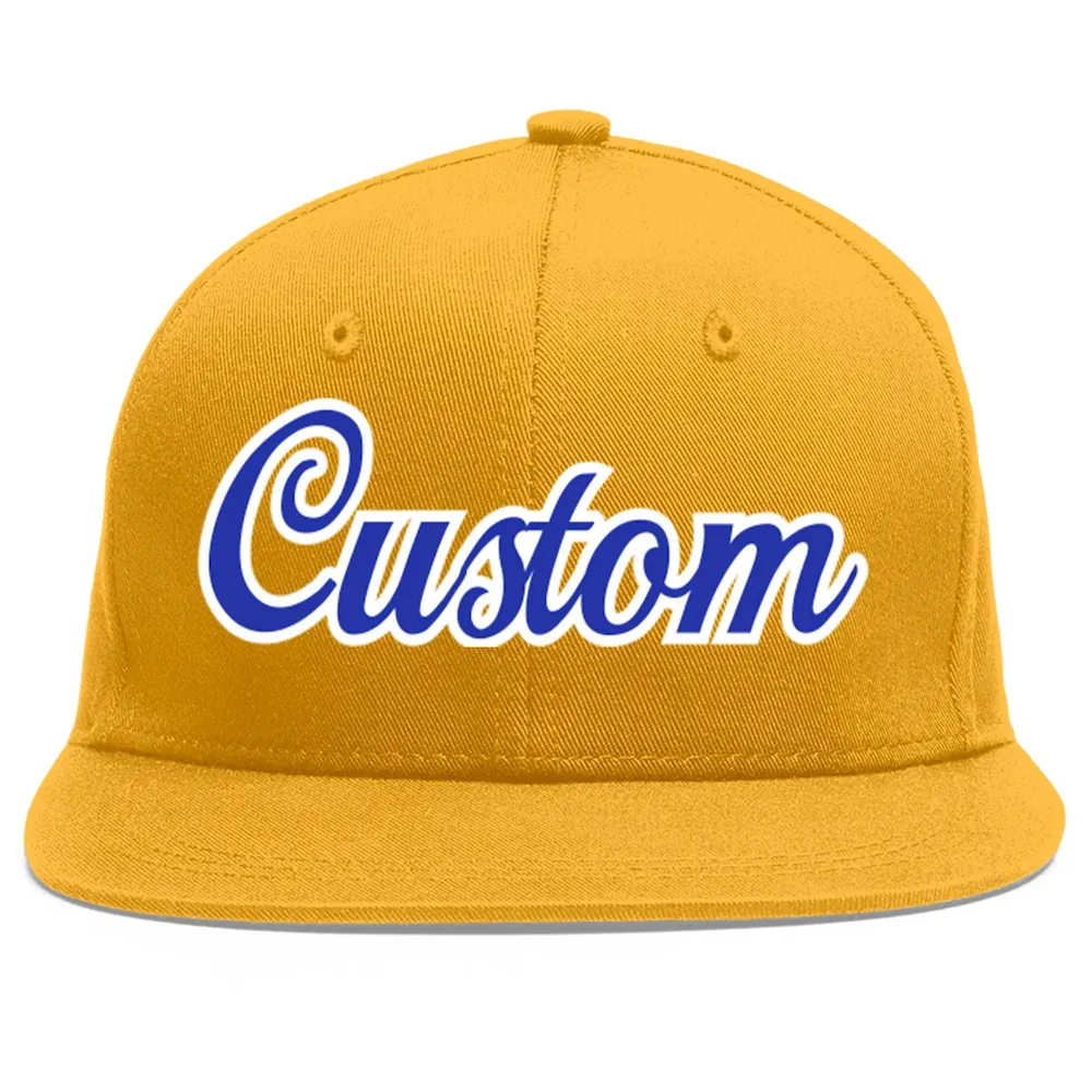 Custom Gold Royal-White Flat Eaves Sport Baseball Cap