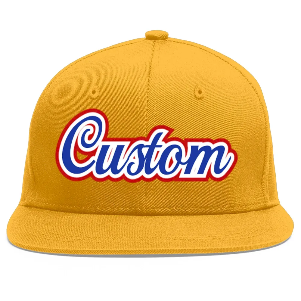Custom Gold Royal-White Flat Eaves Sport Baseball Cap