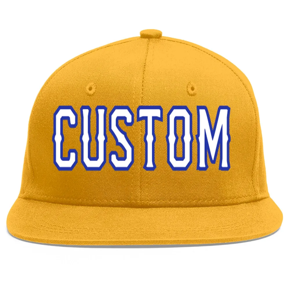 Custom Gold White-Royal Flat Eaves Sport Baseball Cap