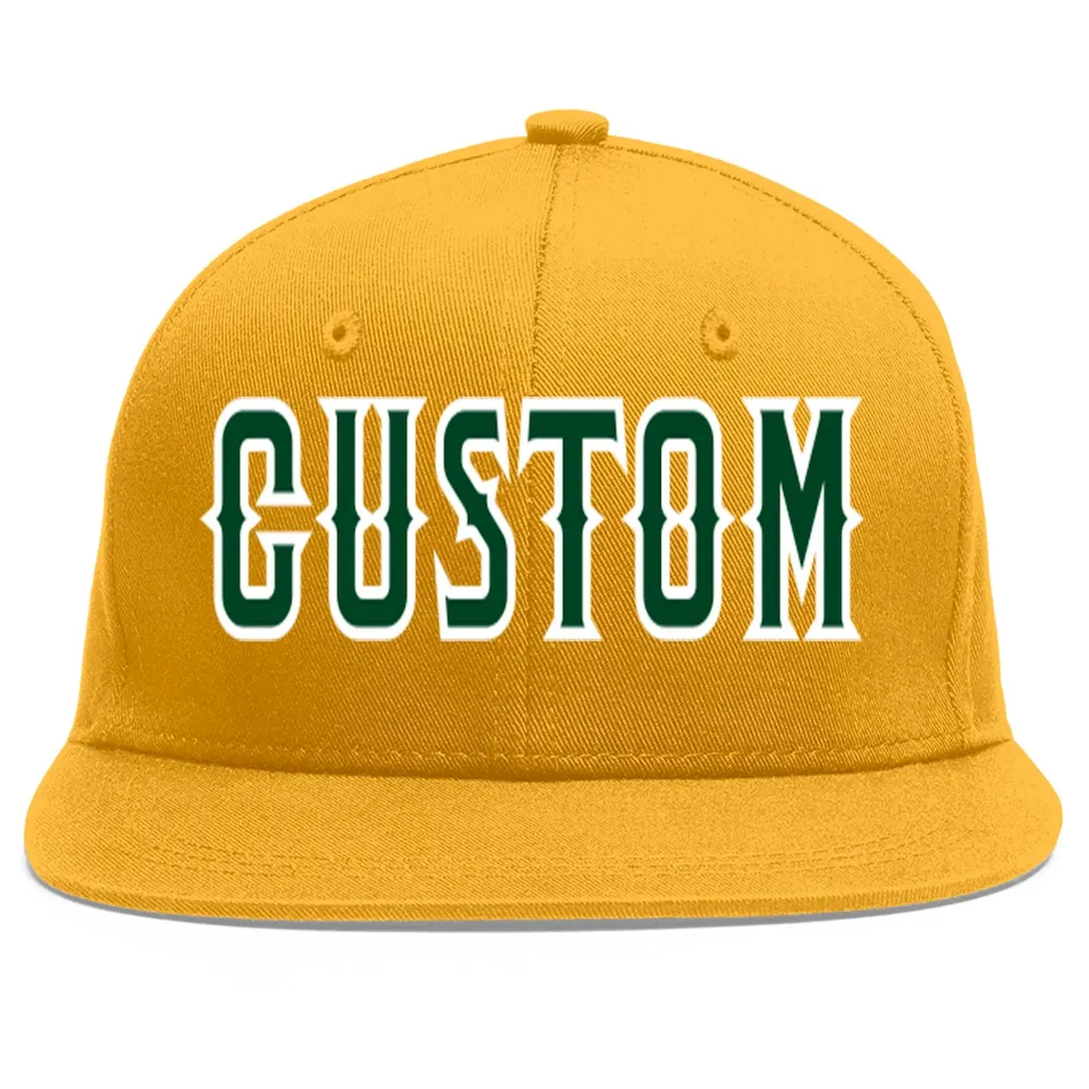 Custom Gold Green-White Flat Eaves Sport Baseball Cap