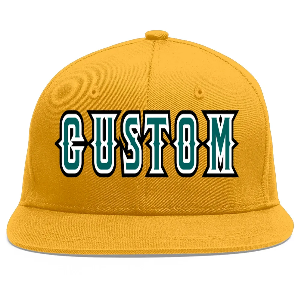 Custom Gold Aqua-White Flat Eaves Sport Baseball Cap